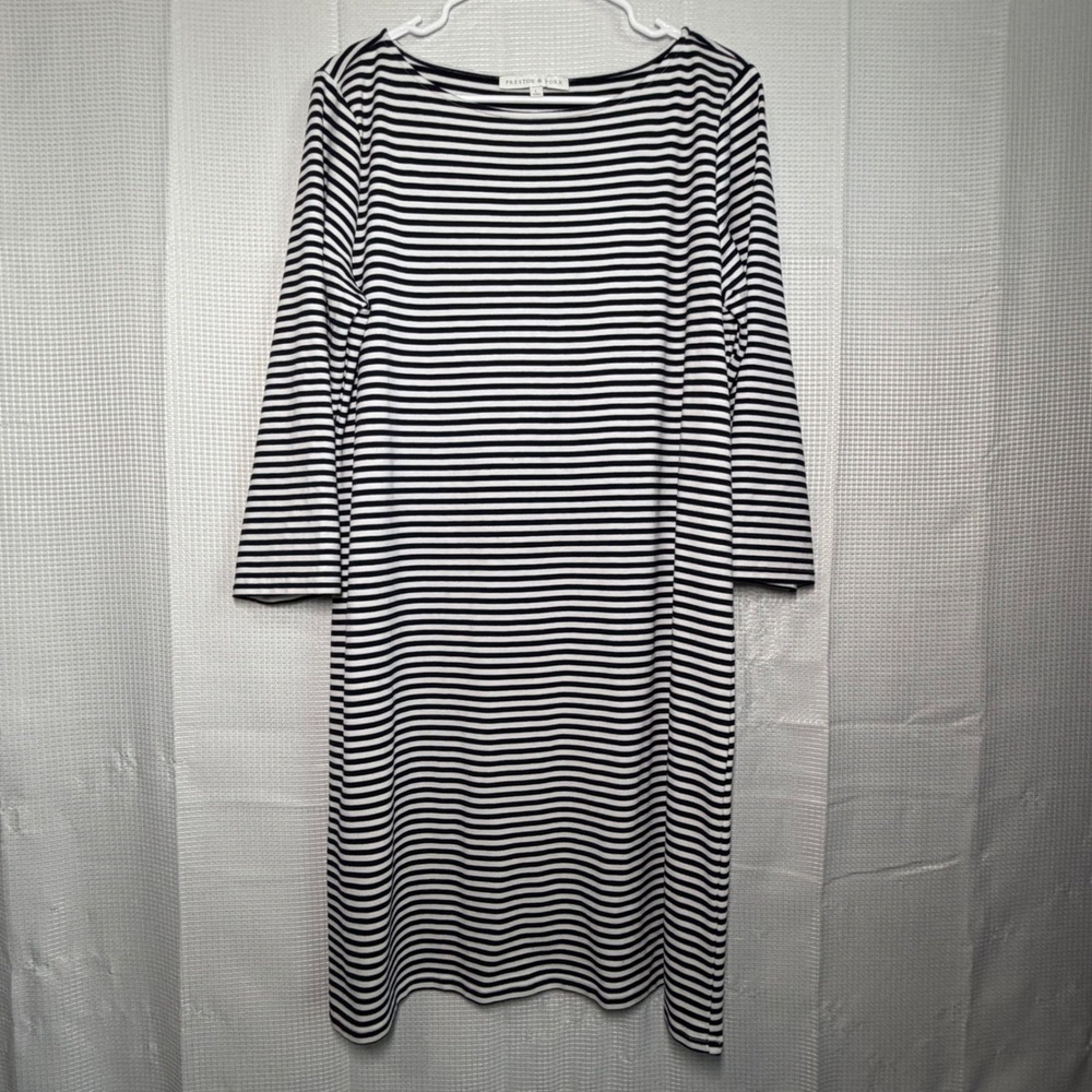 Preston & York Striped Shift Dress Large‎ Black White Boat Neck 3/4 Sleeve